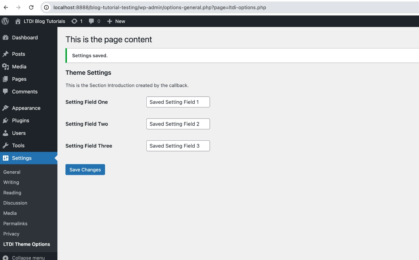 Wordpress saved settings field example